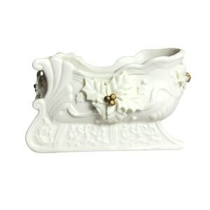 Elegant Holly Porcelain Sleigh #3579 3D Planter Decor Christmas Holiday